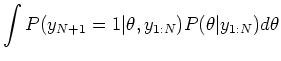 $\displaystyle \int P(y_{N+1} = 1\vert \theta, y_{1:N}) P(\theta \vert y_{1:N}) d\theta$
