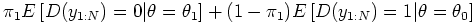 $\displaystyle \pi_{1} E\left[D(y_{1:N}) = 0 \vert \theta = \theta_{1}\right] +
(1 - \pi_{1}) E\left[D(y_{1:N}) = 1 \vert \theta = \theta_{0}\right]$